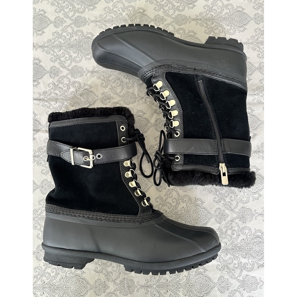 Antonio Melani Boots Size 8 Black Duck Boot Winter Snow Suede Faux Fur Lined